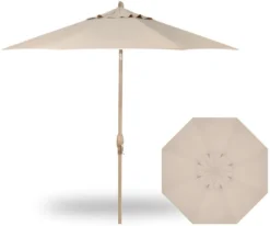 9' Auto Tilt Market Champagne Frame Champagne Linen Canopy Umbrella Thin Pole
