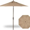 9' Auto Tilt Market Bronze Frame Sesame Linen Canopy Umbrella Thin Pole