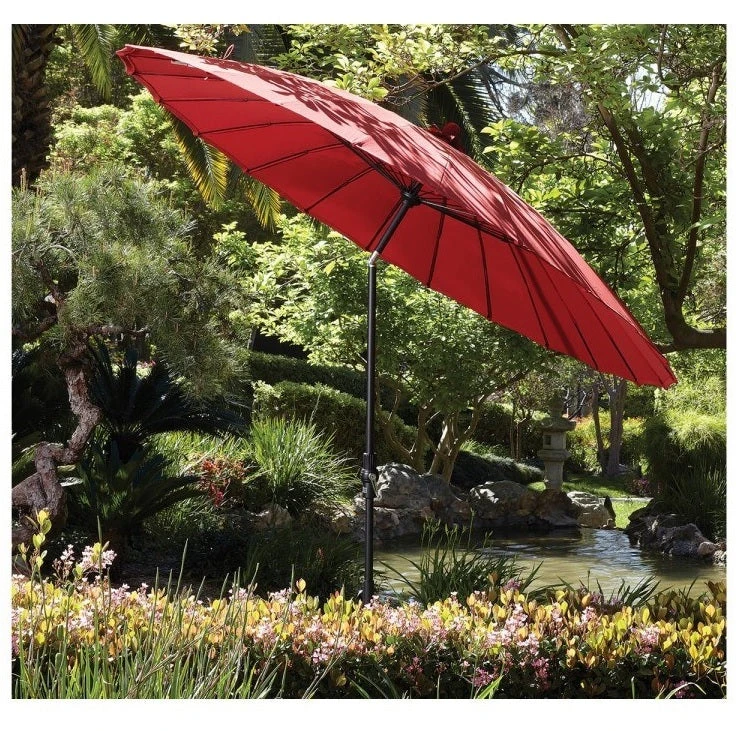 10' Round Shanghai Market Black Frame Red Canopy Umbrella - Image 2