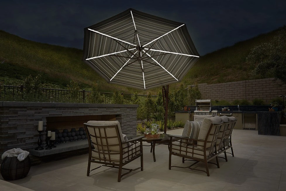 13' Starlux Collar Tilt Market Umbrella In A Bronze Frame With A Sahara Stripe Canopy - Image 2
