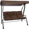 Brown Outdoor Patio Porch Swing With Included Shade Awning & Comfort Padded Seating For Three People