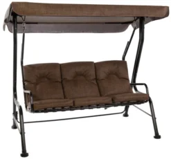 Brown Outdoor Patio Porch Swing With Included Shade Awning & Comfort Padded Seating For Three People