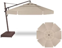 13' Octagon Cantilever Bronze Frame Champagne Linen Canopy Umbrella With Base