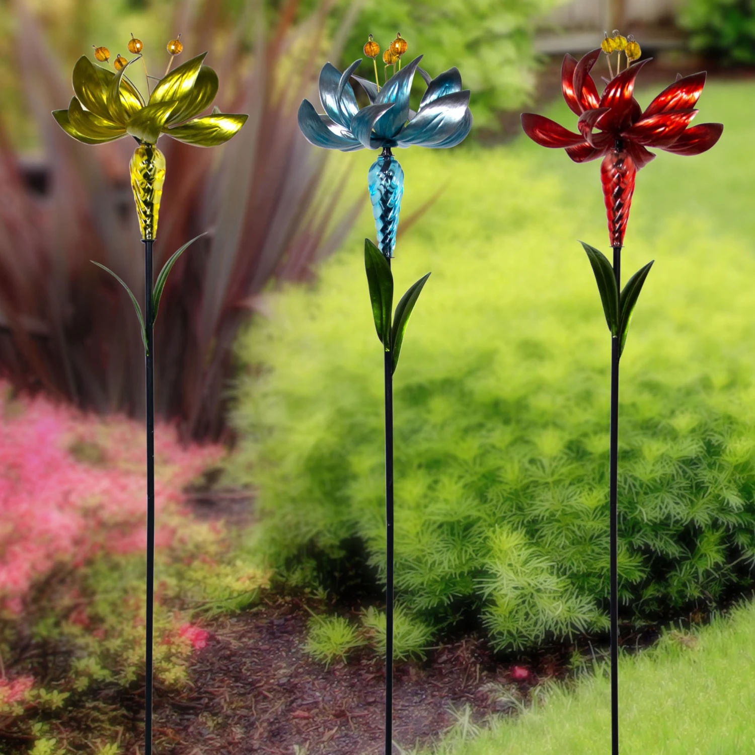 Spinning Glass And Metallic Flower Stakes - Image 2