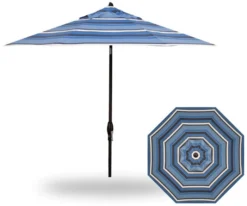 9' Auto Tilt Market Black Frame Hampton Stripe Canopy Umbrella Thin Pole