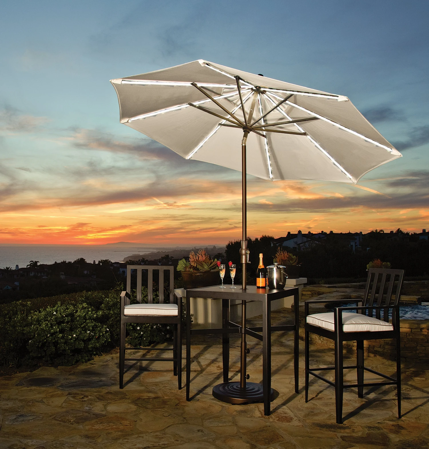 9' Starlux Collar Tilt Market Umbrella In A Bronze Frame With A Champagne Canopy - Image 2